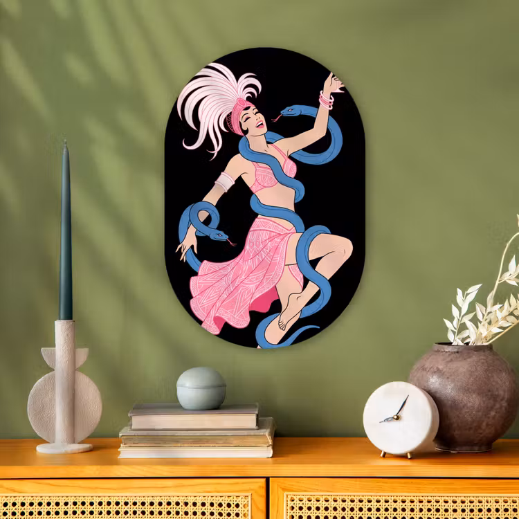 Vrouw - Danseres - Slangen - Art Deco - Roze Wandcirkel Ovaal Forex klein -sfeer2