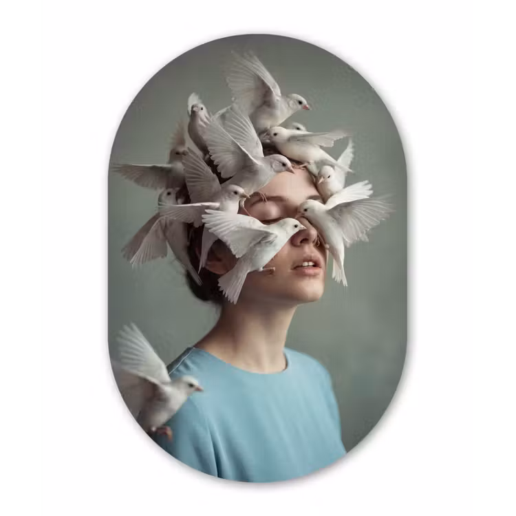 Vrouw - Vogels - Abstract - Modern - Wit Wandcirkel Ovaal Forex klein -3d