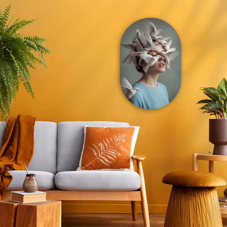 Vrouw - Vogels - Abstract - Modern - Wit Wandcirkel Ovaal Forex klein -sfeer4