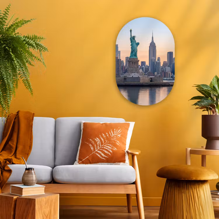 Vrijheidsbeeld - New York - Zonsopgang - Stad - Architectuur Wandcirkel Ovaal Forex klein -sfeer4