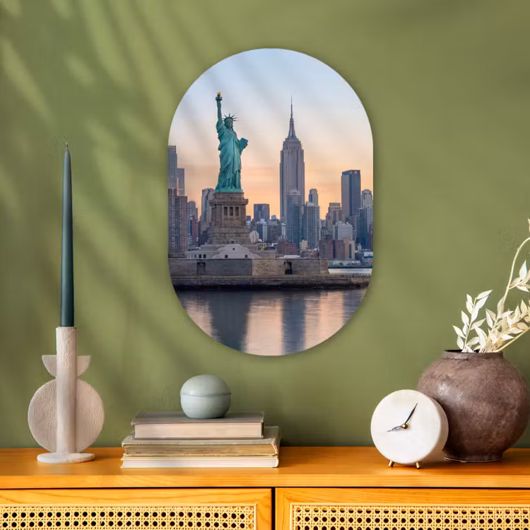 Vrijheidsbeeld - New York - Zonsopgang - Stad - Architectuur Wandcirkel Ovaal Forex klein -sfeer2
