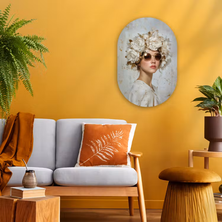 Schilderij - Vrouw - Zonnebril - Bloemenkrans Wandcirkel Ovaal Forex klein -sfeer4