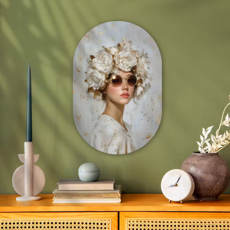 Schilderij - Vrouw - Zonnebril - Bloemenkrans Wandcirkel Ovaal Forex klein -sfeer2