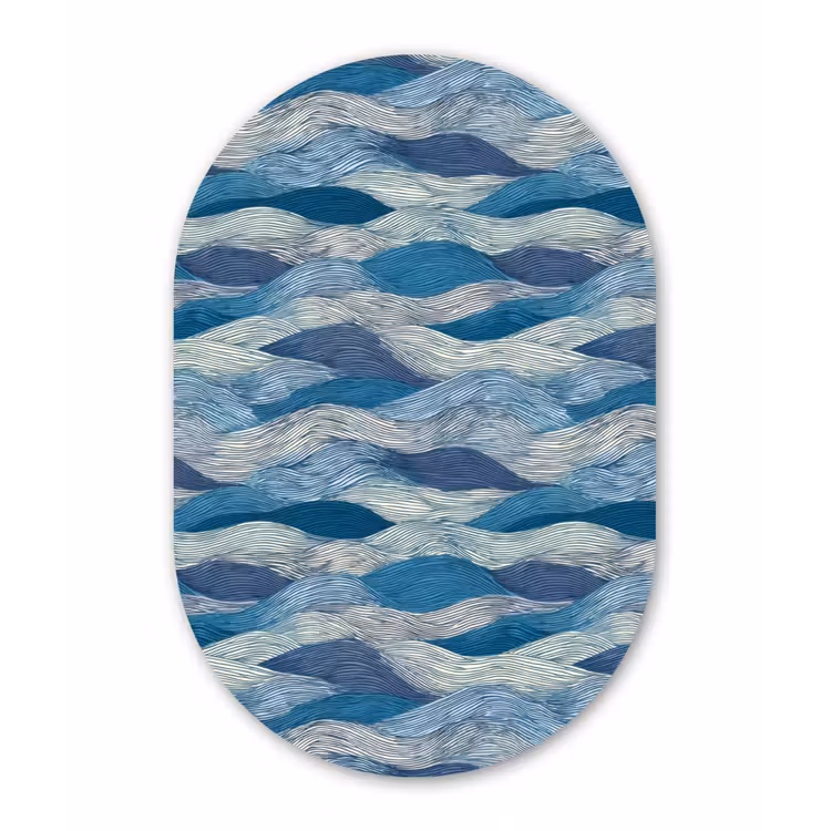 Getekend - Blauw - Wit - Golvend - Streepjes Wandcirkel Ovaal Forex klein 630 -3d