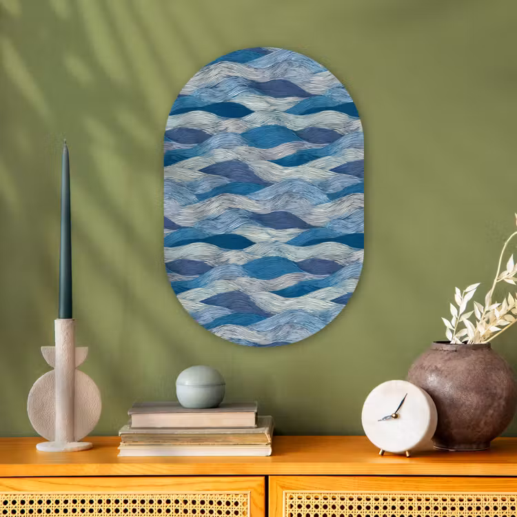 Getekend - Blauw - Wit - Golvend - Streepjes Wandcirkel Ovaal Forex klein 630 -sfeer2