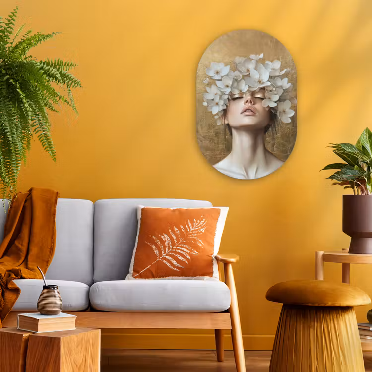 Gezicht - Bloemen - Goud - Abstract Wandcirkel Ovaal Forex klein -sfeer4
