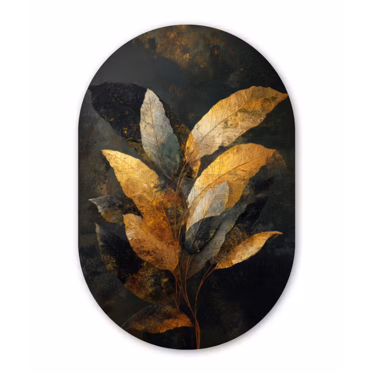 Gouden Bladcompositie – Botanische Luxe Wandcirkel Ovaal Forex klein -3d