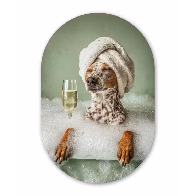 Hond - Bad - Champagne - Handdoek Wandcirkel Ovaal Forex klein -3d