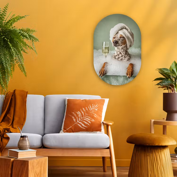 Hond - Bad - Champagne - Handdoek Wandcirkel Ovaal Forex klein -sfeer4