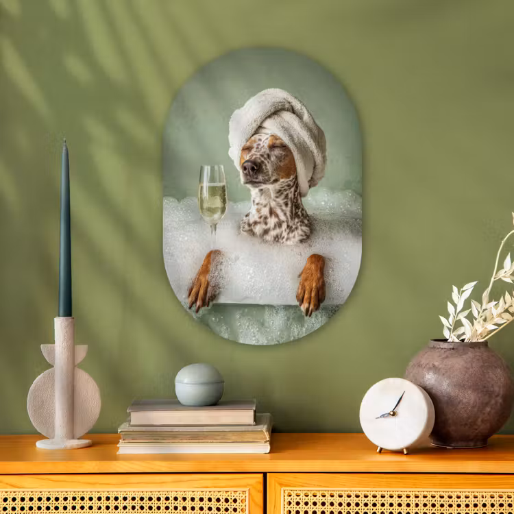 Hond - Bad - Champagne - Handdoek Wandcirkel Ovaal Forex klein -sfeer2