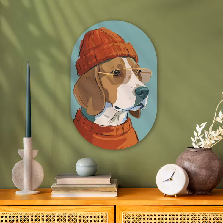 Hond - Beanie - Zonnebril - Dieren - Modern Wandcirkel Ovaal Forex klein -sfeer2