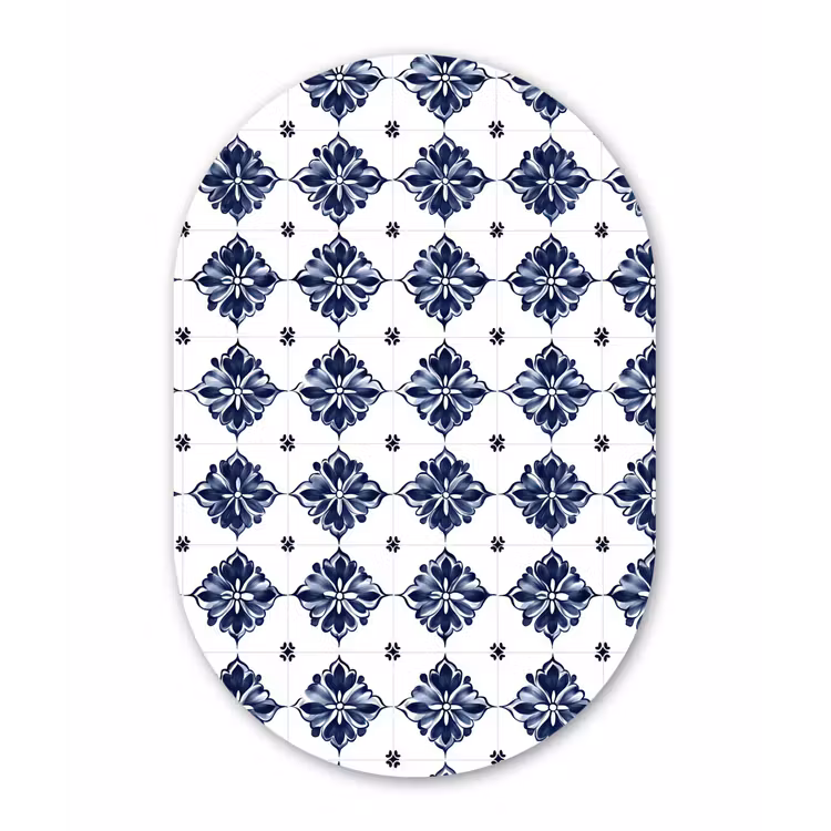 Tegelmotief - Blauw - Wit - Bloem Wandcirkel Ovaal Forex klein 630 -3d