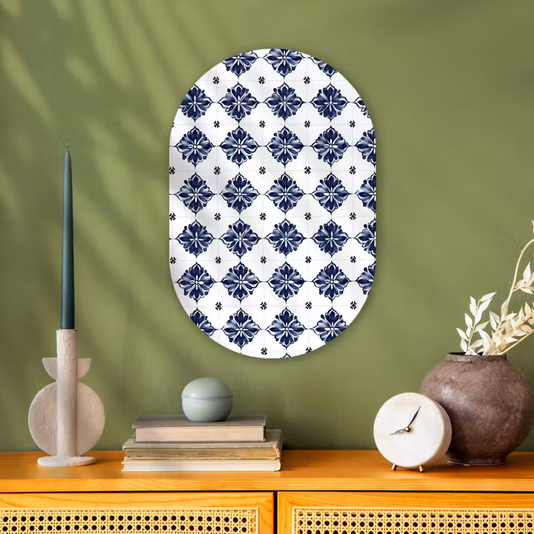 Tegelmotief - Blauw - Wit - Bloem Wandcirkel Ovaal Forex klein 630 -sfeer2