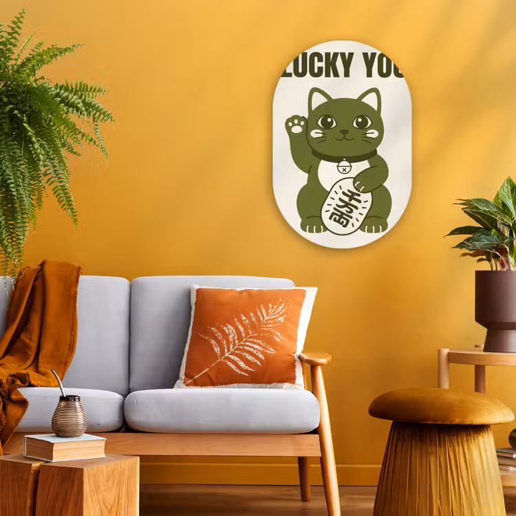 Kat - Geluk - Dieren - Modern - Groen Wandcirkel Ovaal Forex klein -sfeer4
