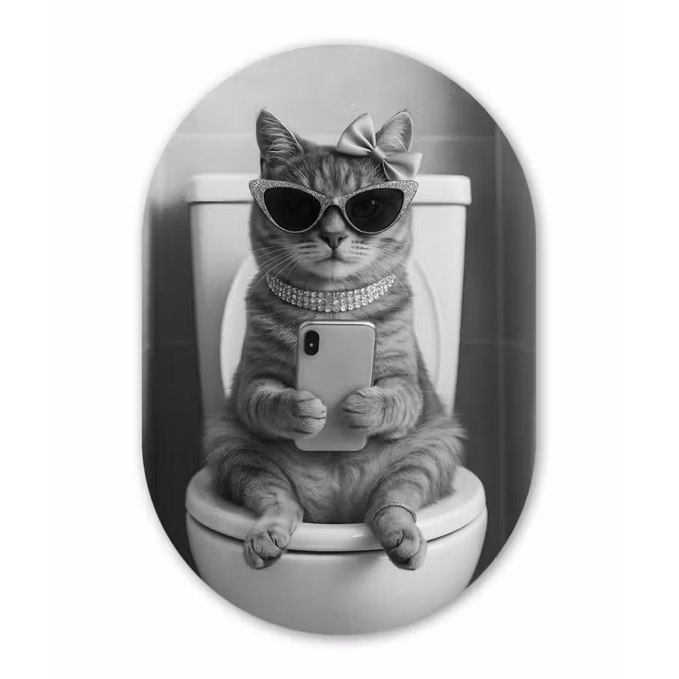 Kat - Telefoon - Toilet - Zwart - Wit Wandcirkel Ovaal Forex klein -3d