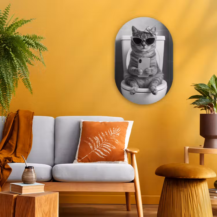 Kat - Telefoon - Toilet - Zwart - Wit Wandcirkel Ovaal Forex klein -sfeer4