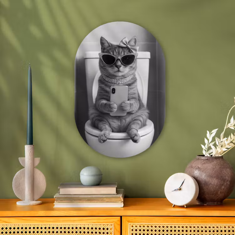 Kat - Telefoon - Toilet - Zwart - Wit Wandcirkel Ovaal Forex klein -sfeer2