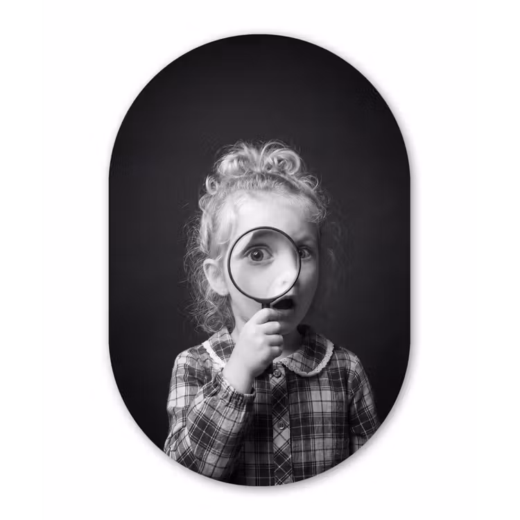 Kind - Vergrootglas - Portret - Zwart-wit Wandcirkel Ovaal Forex klein -3d