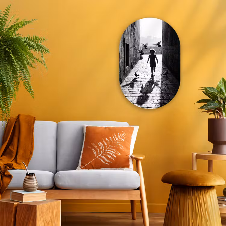 Kind - Vogel - Straat - Zwart-wit - Spelen Wandcirkel Ovaal Forex klein -sfeer4