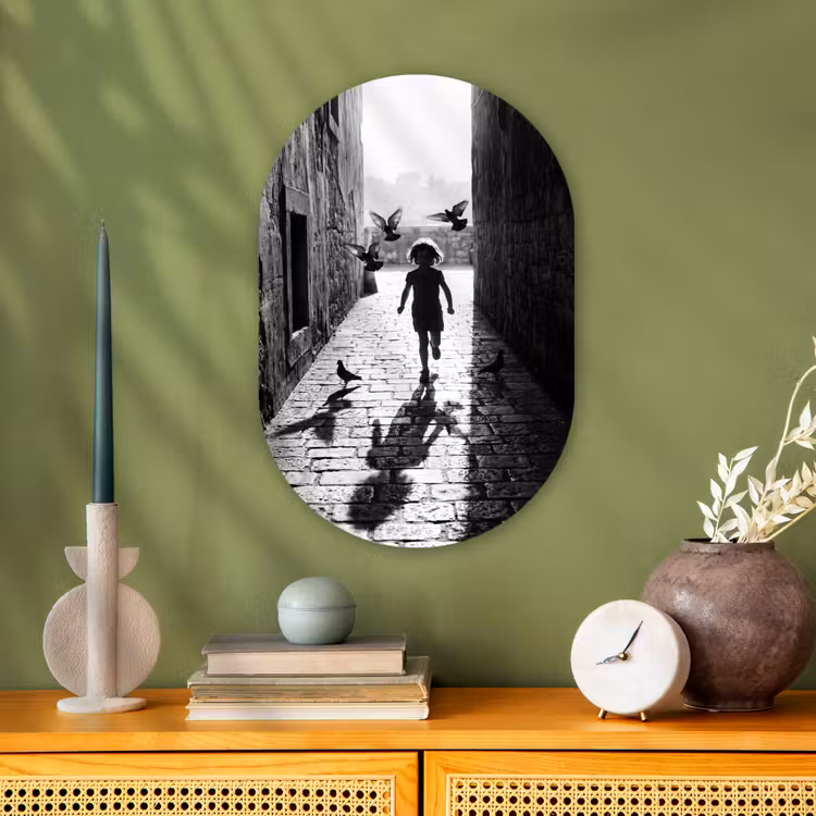 Kind - Vogel - Straat - Zwart-wit - Spelen Wandcirkel Ovaal Forex klein -sfeer2