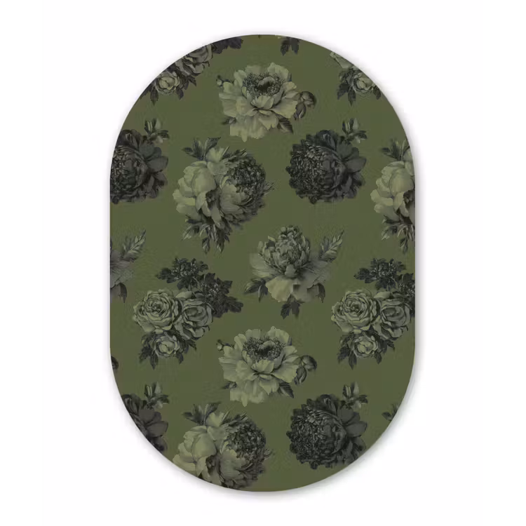Klassiek - botanisch - olijfgroen - bloemen Wandcirkel Ovaal Forex klein 630 -3d