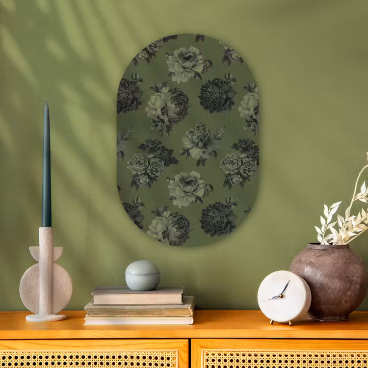 Klassiek - botanisch - olijfgroen - bloemen Wandcirkel Ovaal Forex klein 630 -sfeer2
