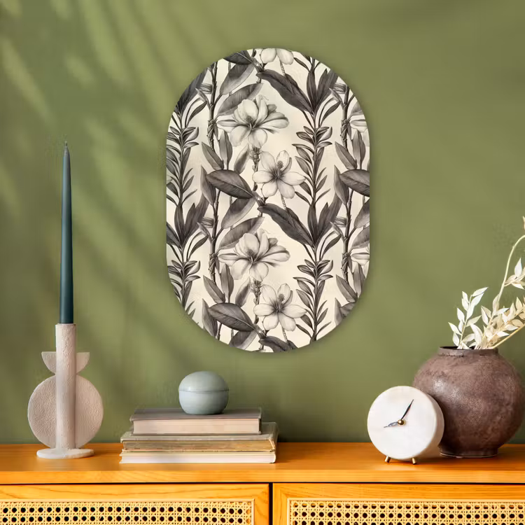 Klassiek - Botanisch - Zwart - Beige Wandcirkel Ovaal Forex klein 630 -sfeer2