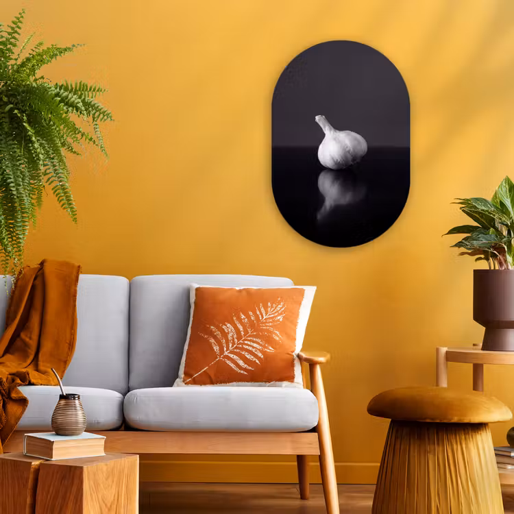 Knoflook - Zwart - Wit Wandcirkel Ovaal Forex klein -sfeer4