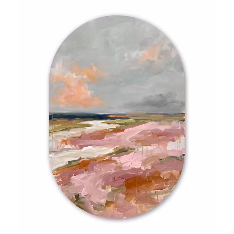 Landschap - Rivier - Abstract - Roze - Groen Wandcirkel Ovaal Forex klein -3d