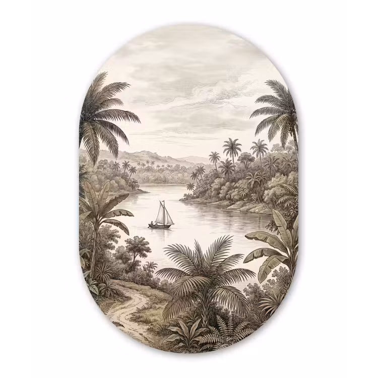 Landschap - Rivier - Boot - Tropisch - Vintage Wandcirkel Ovaal Forex klein -3d
