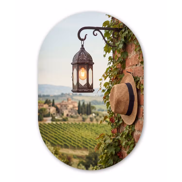 Lantaarn - Wijngaard - Landschap - Italiaans Wandcirkel Ovaal Forex klein -3d