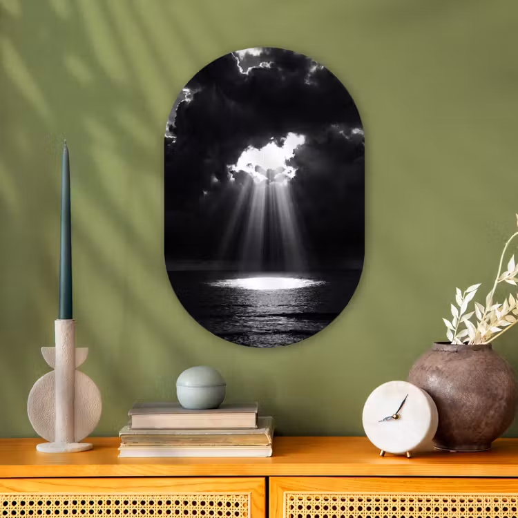 Licht - Wolken - Zee - Zwart-wit - Natuur Wandcirkel Ovaal Forex klein -sfeer2