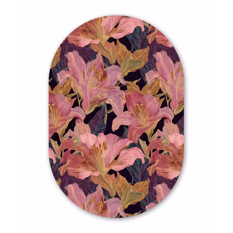 Lelies - Patroon - Roze - Goud Wandcirkel Ovaal Forex klein 630 -3d