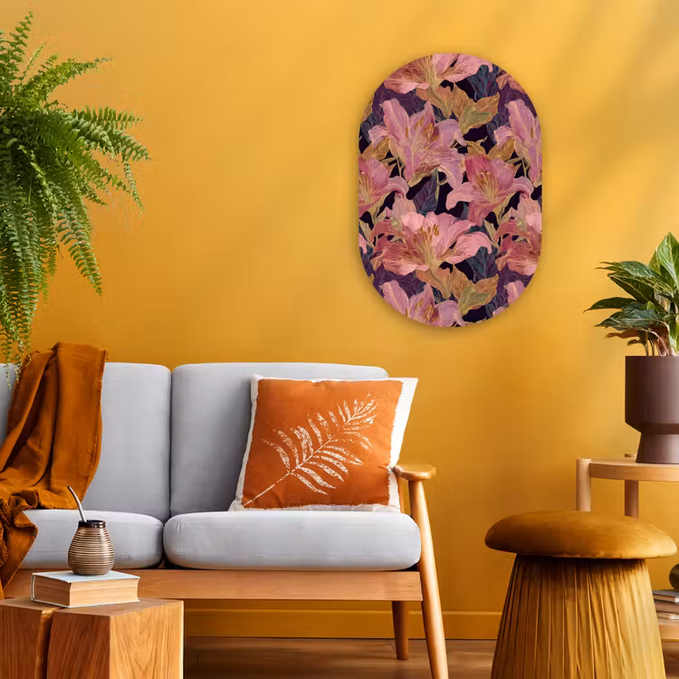 Lelies - Patroon - Roze - Goud Wandcirkel Ovaal Forex klein 630 -sfeer4