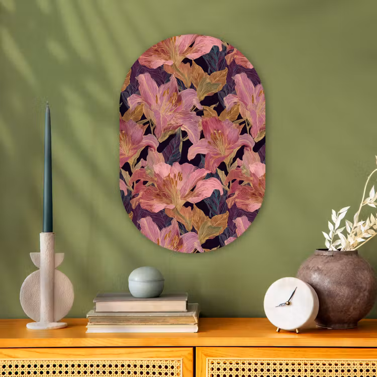 Lelies - Patroon - Roze - Goud Wandcirkel Ovaal Forex klein 630 -sfeer2