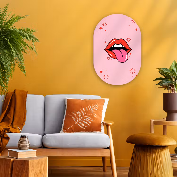 Lippen - Tong - Pop-art - Kleurrijk - Roze Wandcirkel Ovaal Forex klein -sfeer4