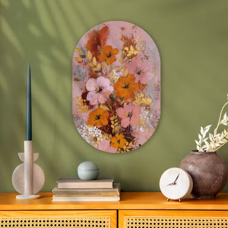 Schilderij - Bloemen - Rustiek - Roze Wandcirkel Ovaal Forex klein -sfeer2
