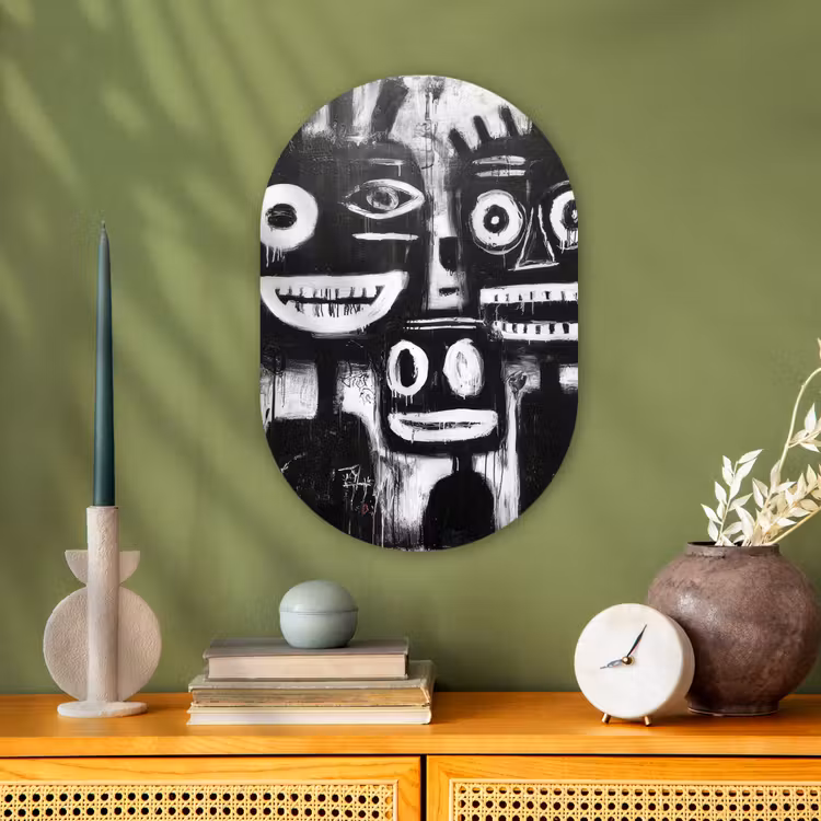 Schilderij - Figuren - Zwart - Abstract Wandcirkel Ovaal Forex klein -sfeer2
