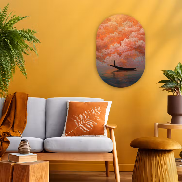 Zee - Boot - Wolken - Oranje Wandcirkel Ovaal Forex klein -sfeer4