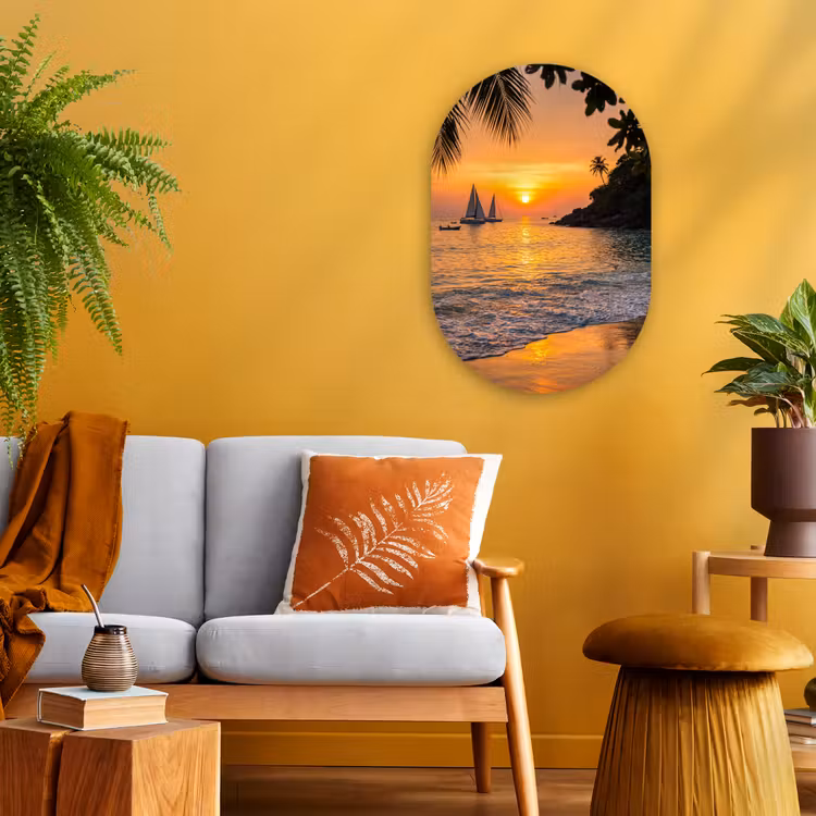 Zee - Zonsondergang - Boot - Natuur - Oranje Wandcirkel Ovaal Forex klein -sfeer4