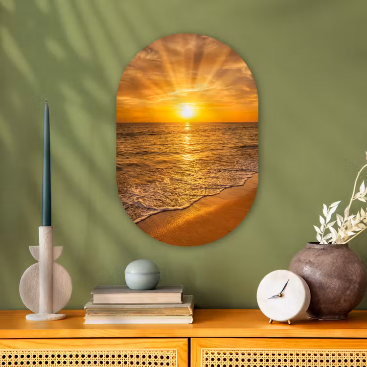 Zee - Zonsondergang - Golven - Kust - Oranje Wandcirkel Ovaal Forex klein -sfeer2
