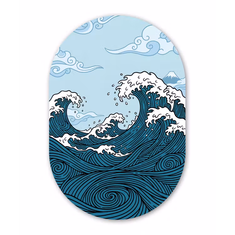 Zee - Golven - Japans - Natuur - Blauw Wandcirkel Ovaal Forex klein -3d
