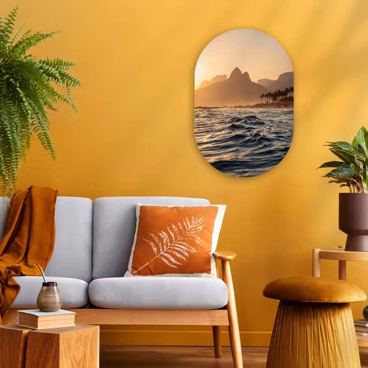 Zee - Golven - Zonsondergang - Kust - Goud Wandcirkel Ovaal Forex klein -sfeer4