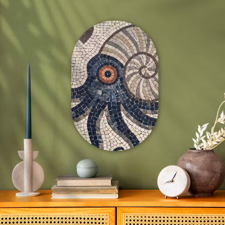 Zeeleven - Mozaïek - Kunst - Vintage - Beige Wandcirkel Ovaal Forex klein -sfeer2