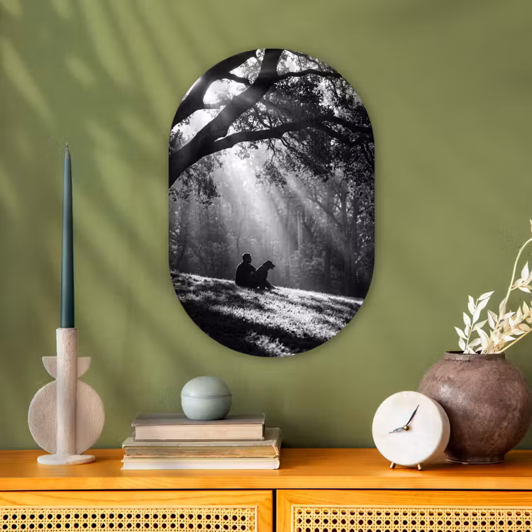 Mens - Hond - Natuur - Zwart-wit - Silhouet Wandcirkel Ovaal Forex klein -sfeer2