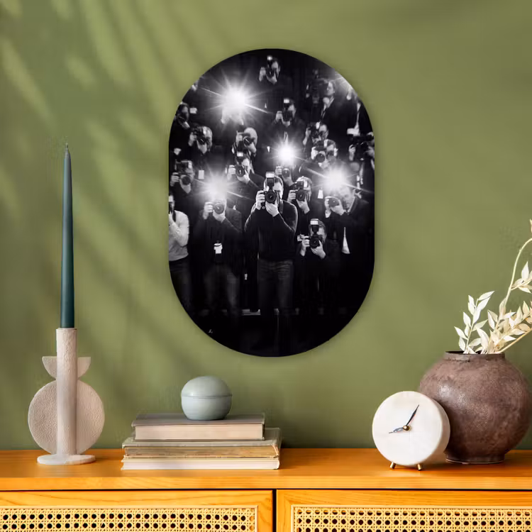 Mensen - Camera - Flitslicht - Zwart-wit - Media Wandcirkel Ovaal Forex klein -sfeer2