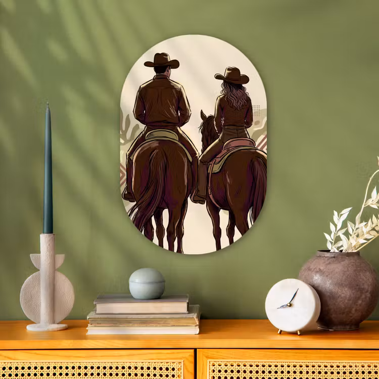 Mensen - Ruiters - Western - Illustratie - Bruin Wandcirkel Ovaal Forex klein -sfeer2