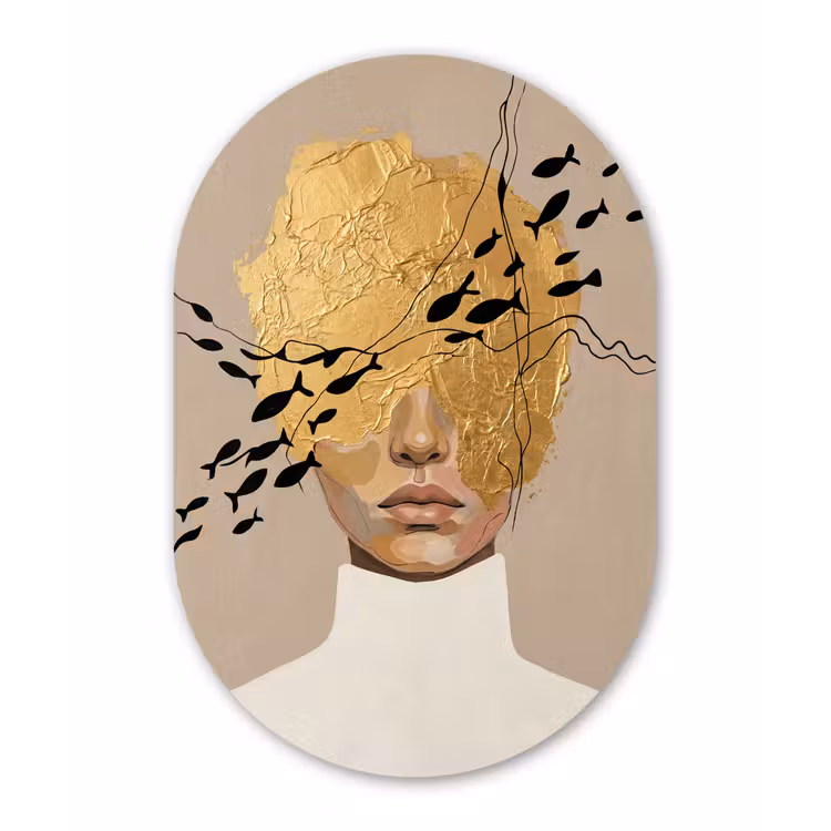 Modern - Vrouw - Goud Wandcirkel Ovaal Forex klein -3d