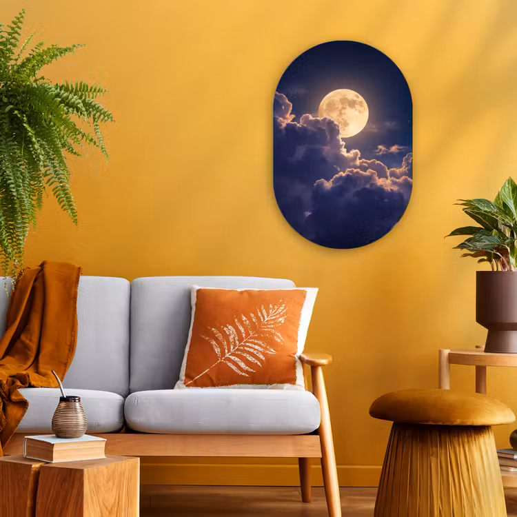 Maan - Wolken - Nacht - Oranje Wandcirkel Ovaal Forex klein -sfeer4