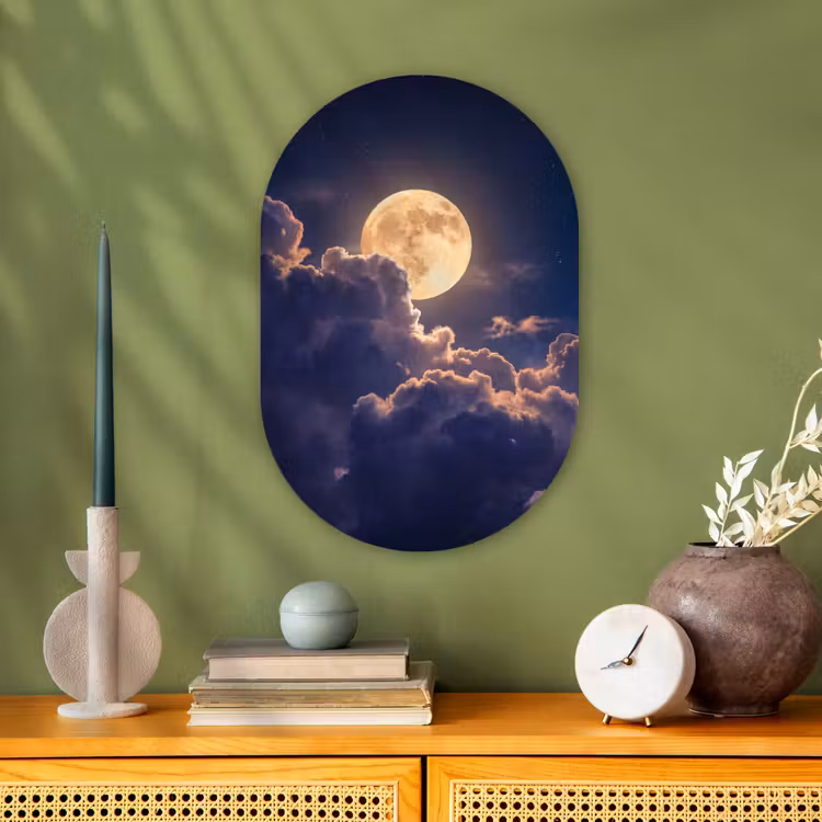 Maan - Wolken - Nacht - Oranje Wandcirkel Ovaal Forex klein -sfeer2